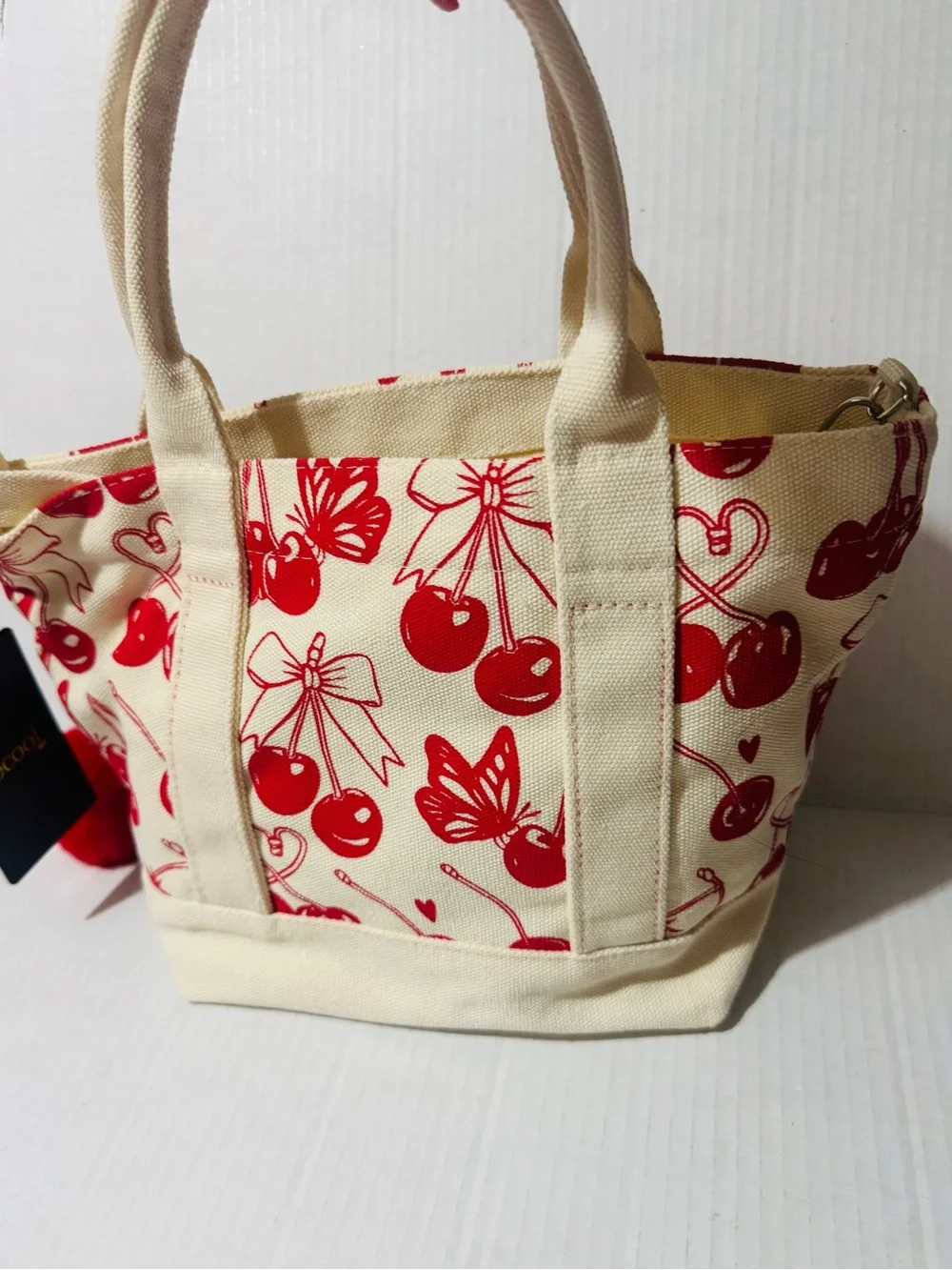 Canvas Cherry Print Tote Bag with Red Pom Pom Charm BNWT